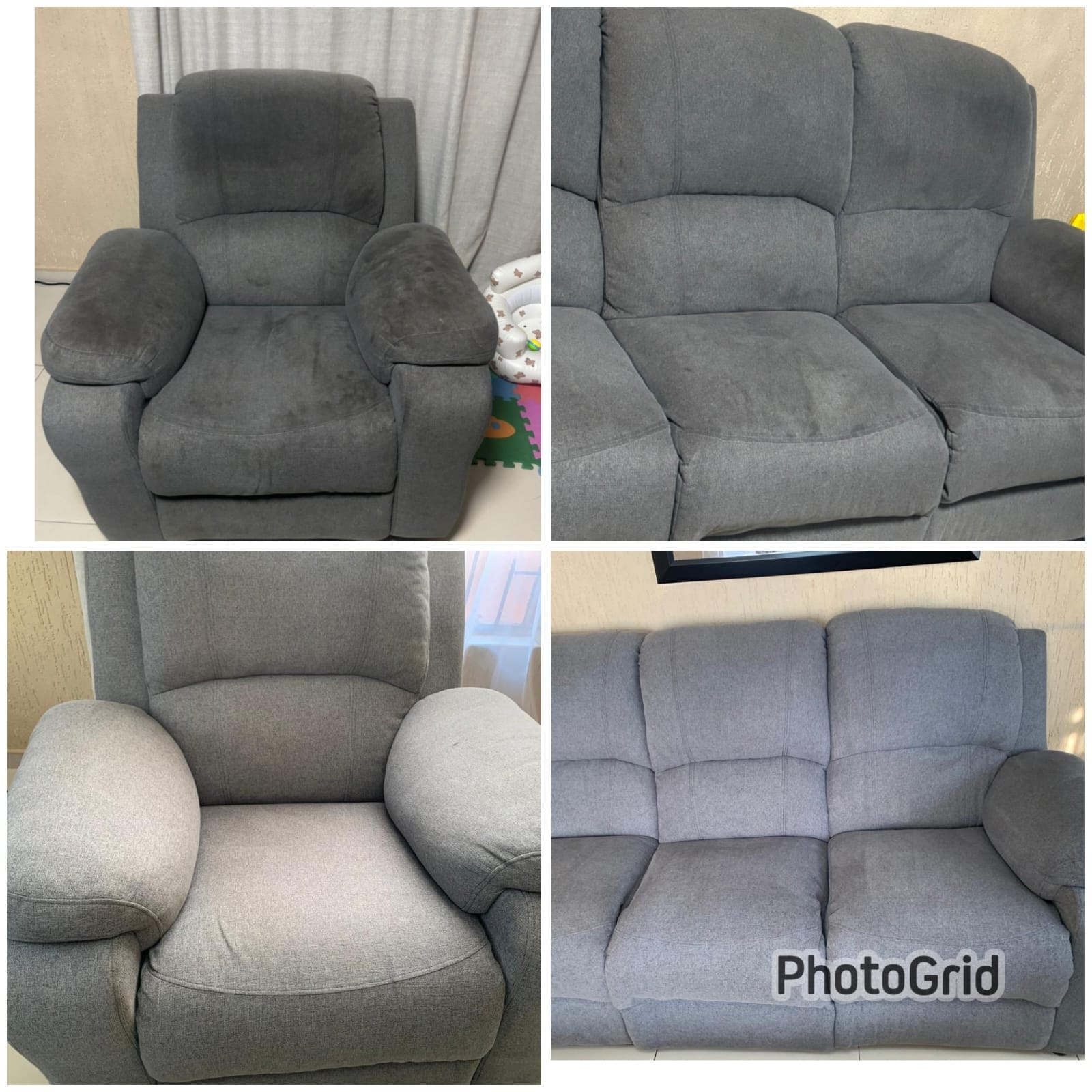 Grey fabric couch and armchair before and after deep upholstery cleaning by Freshly Glisters