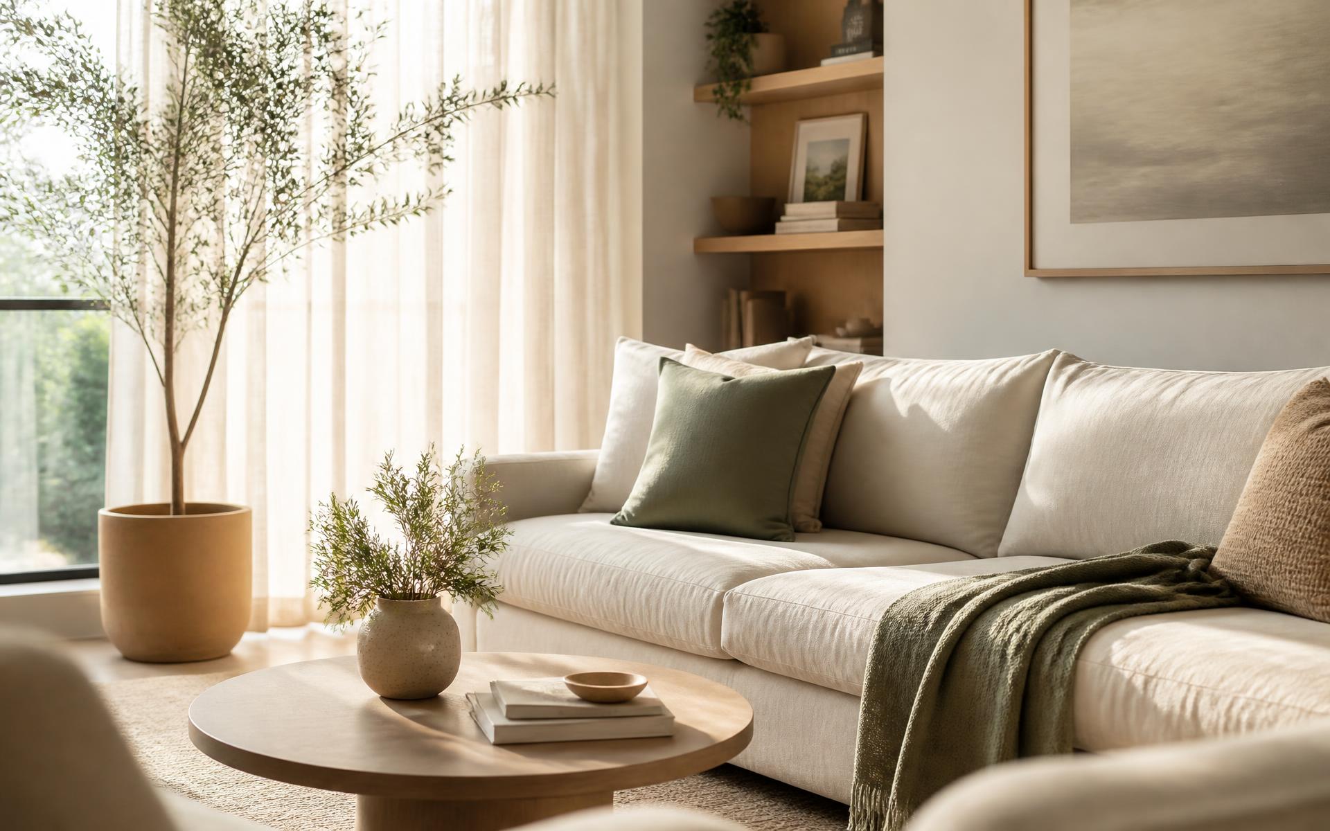 Freshly cleaned cream linen sofa in a sunlit living room